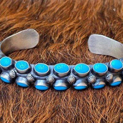 #92 • OLD PAWN form the 1960s Native American Sterling Silver Turquoise Star Cuff, 69.54g
