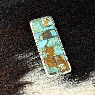 #96 • Native American Navajo 8 Turquoise Cornrow Inlay Money Clip, 20.63g
