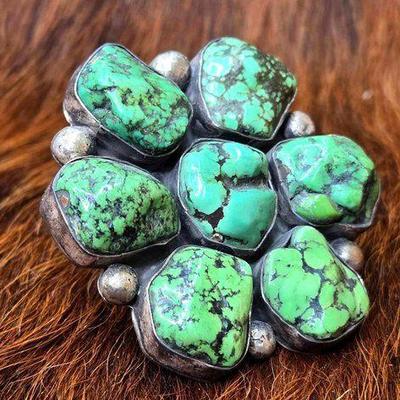 #1142 • Native American Turquoise Flower Adjustable Adjustable Ring - Artist Stamped
