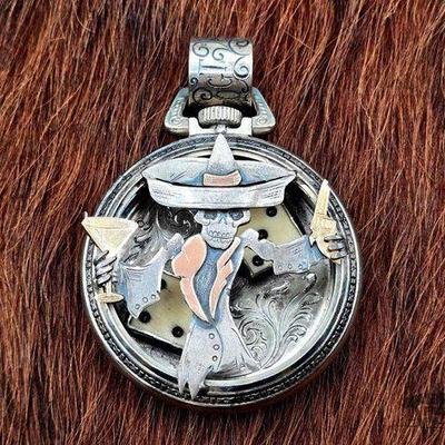 #1270 • Sterling Silver VOGT Skelton Cowboy Pendant, 68.42g
