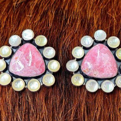 #1216 • Native American Sterling Silver Pink Conch & Mother of Pearl Cluster Earrings, 19.63g
