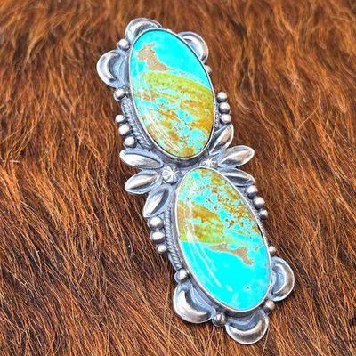 #1206 • Native American Double Kingman Turquoise Sterling Silver Ring - Artist Stamped
