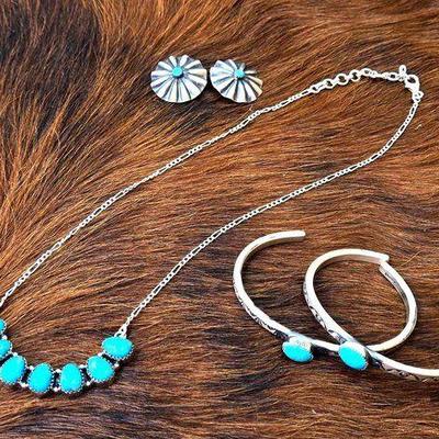 #1326 • Sterling Silver Turquoise Bar Necklace, Cuff Bracelets and Earrings
