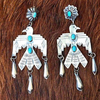 #1226 • OLD PAWN Native American Sterling Silver Thunderbird Earrings
