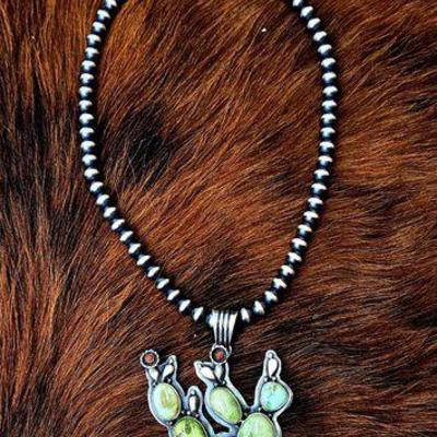 #1028 • Russell Sam Turquoise Cactus Pendent with Navajo Pearl Necklace
