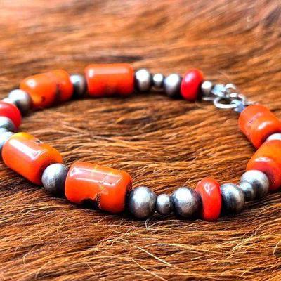 #1218 • Native American Coral and Sterling Silver Beaded Bracelet

