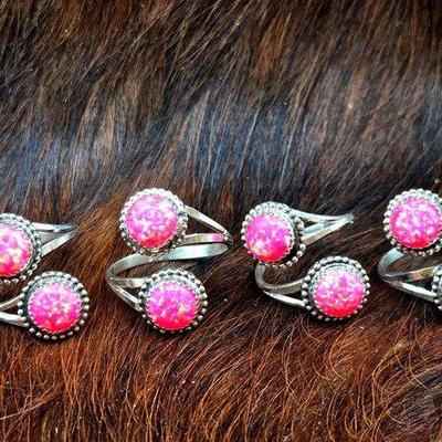 #1266 • (4) Sterling Silver Double Pink Fire Opal Stone Adjustable Rings, 12.77g
