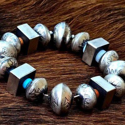 #1328 • Native American Navajo Bead with Turquoise and Coral Bracelet
