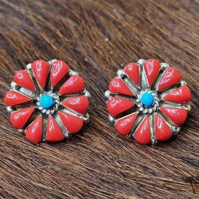 Sale Photo Thumbnail #74: #1256 • Native American Sterling Silver Coral Flower Earrings, 5.21g
