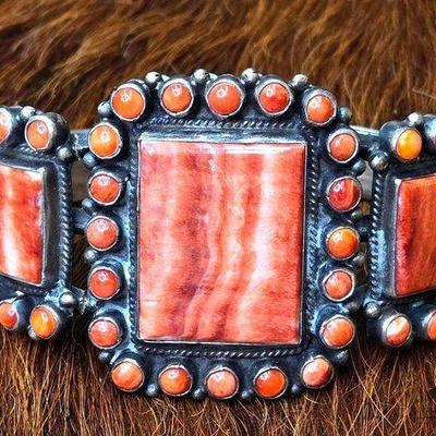 #1146 • Native American Orange Spiny Oyster Sterling Silver Cuff - Artist Stamped
