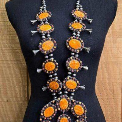 #1000 • HUGE Orange and Purple Spiny Oyster Statement Squash Blossom with Matching Earrings and Ring mus...

