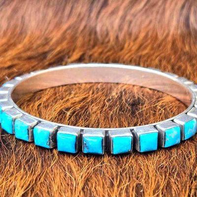 #1176 • Native American Sterling Silver Channel Set Turquoise Bangle
