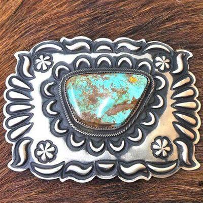 #1016 • Native American Large Turquoise Engraved Sterling Silver Belt Buckle - Artist Signed
