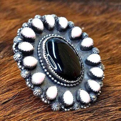 #1024 • Richard Yazzie Native American Onyx with Pink Conch Halo Sterling Silver Adjustable Ring
