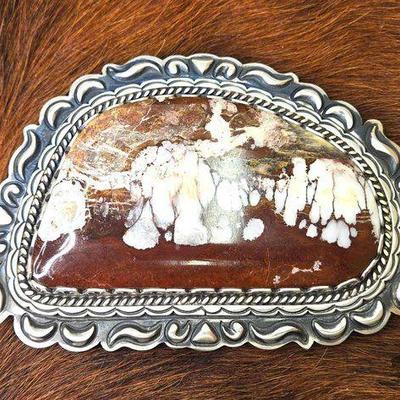 #1006 • Charles Johnson Native American Large White Horse Turquoise Statement Belt Buckle
