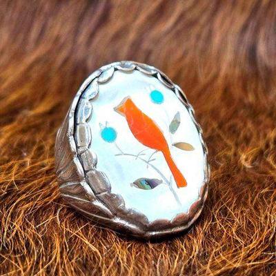 #1170 • OLD PAWN Tim Kee Whitman Sterling Silver Ring with Mother of Pearl with Turquoise and Coral Inlay

