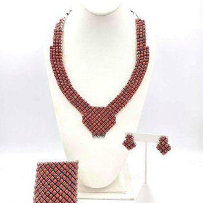 #1002 • Native American Handcrafted Coral Sterling Silver Collar Necklace with Statement Cuff and Earrings
