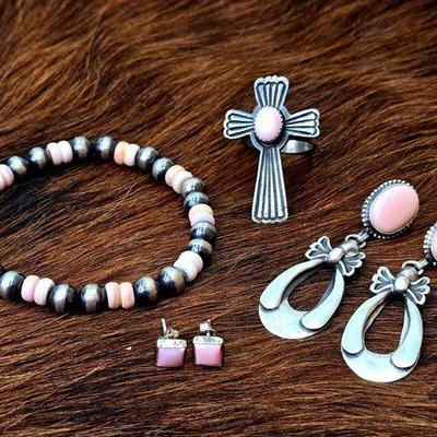 #1336 • Sterling Silver and Pink Conch Earrings, Cross ring and Beaded Bracelet
