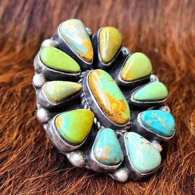 #1200 • Maynard Garcia Native American Turquoise Cluster Sterling Silver Adjustable Ring - Artist Stamped
