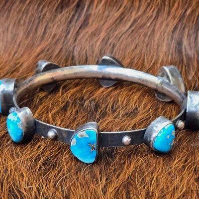 Sale Photo Thumbnail #32: #1168 • Native American Sterling Silver 8 Stone Turquoise Bangle, 35.09g
