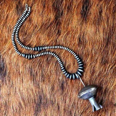 #1120 • HANDMADE Native American Sterling Silver Squash Blossom Pendent with Disc Navajo Pearls
