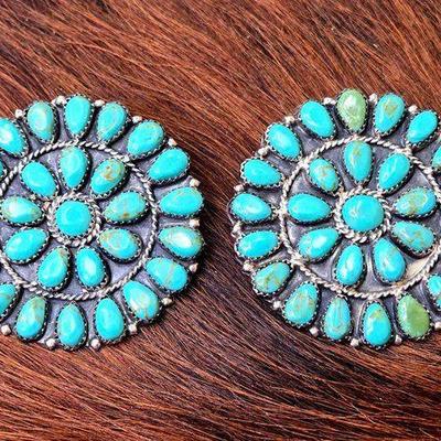 #1240 • Danny L Waunika Native American Sterling Silver Turquoise Cluster Earrings, 27.36g
