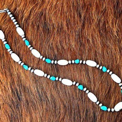 #1230 • Native American Sterling Silver, Pink Conch & Turquoise Beaded Necklace, 10.88g
