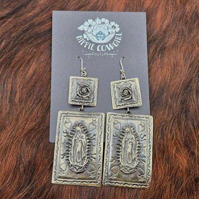#1414 • Hippie Cowgirl Couture Virgin Mary Dangle Earrings, 26.77g

