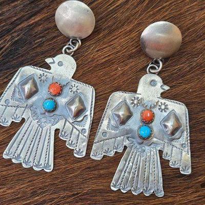 #1362 • Native American Turquoise and Coral Thunderbird Earrings
