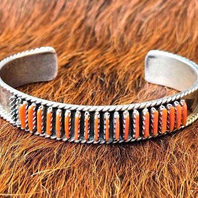 #1186 • Zuni DL Bellson Native American Coral Needle Sterling Silver Cuff
