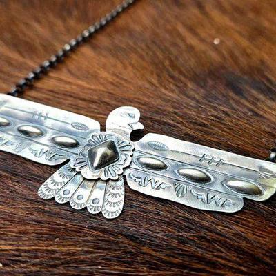 #1254 • Timmy Yazzie Native American Sterling Silver Thunderbird Necklace, 24.45g
