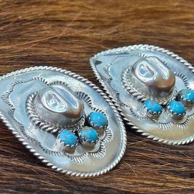 #1350 • Native American Turquoise Sterling Silver Cowboy Hat Earrings
