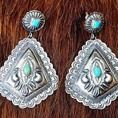 #1224 • T. Charlie Native American Sterling Silver Concho Earrings with Turquoise
