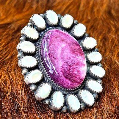 #1202 • Dean Brown Native American Purple Spiny Oyster with Mother of Pearl Halo Sterling Silver Adjustable Ring
