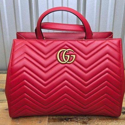 Sale Photo Thumbnail #4: #104 • NEW & AUTHENTICATED!!! Gucci Hibiscus Red Calfskin Matelassé Medium GG Marmont Tote
