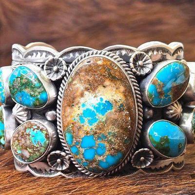 #1008 • Leroy James Native American Royston Turquoise Statement Engraved Sterling Silver Cuff
