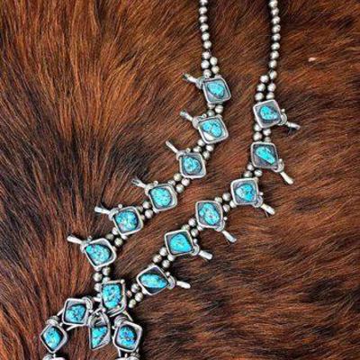 #1026 • Old Pawn Native American Turquoise Squash Blossom complete wit handmade Navajo Pear- Artist S...
