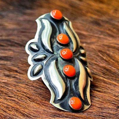 #1232 • Leander Jahe Native American Sterling Silver Coral Concho Ring, 19.38g
