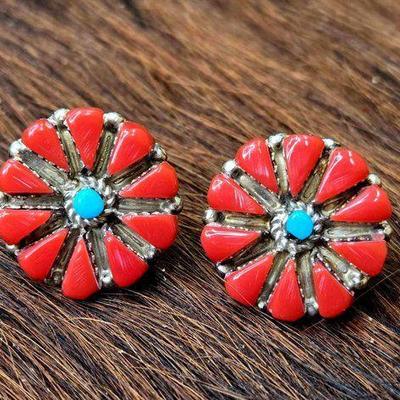 #1244 • Native American Sterling Silver Coral Flower Earrings, 5.06g
