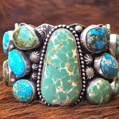 #1012 • Native American Turquoise Engraved Sterling Silver Leroy James Statement Cuff - Artist Signed
