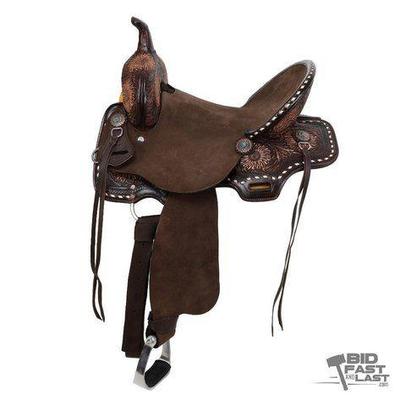 #5004 • NEW!!! 16" Seat Double T Floral Tooled Barrel Saddle
