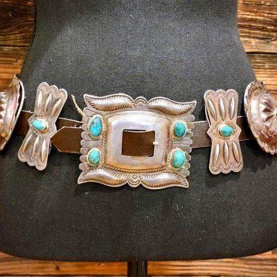 #998 • 1940s Era Native American Hand Stamped Sterling Concho Belt with Amazing Turquoise Stones, 596g
