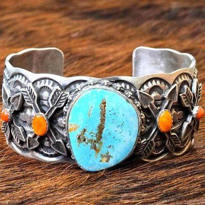 #1020 • Leroy James Native American Turquoise and Coral Engraved Sterling Silver Cuff
