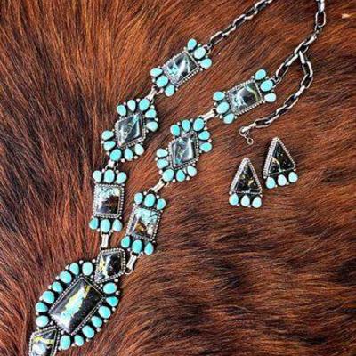 #1014 • Bob Becenti Native American Black Jack Turquoise Necklace with Matching Earrings
