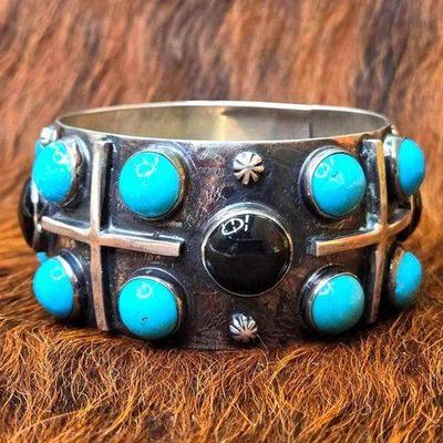 #1140 • Native American Sterling Silver Nakai Cross Statement Bangle - Artist Stamped
