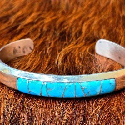 #1198 • Native American Turquoise Inlayed Sterling Silver Cuff - Artist Stamped
