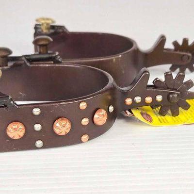 #5402 • NEW!!! Showman Brown Steel Spurs with Engraved Copper Studs
