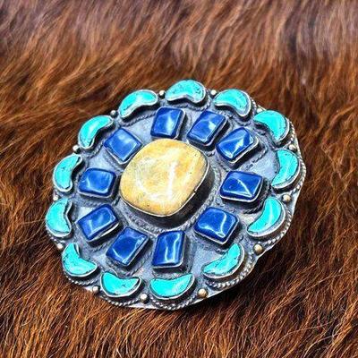 #1150 • Native American Turquoise and Lapis Sterling Silver Statement Cluster Ring
