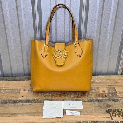#106 • AUTHENTIC!!! Gucci Leather Yellow Dahlia Tote Bag & Matching Coin Purse

