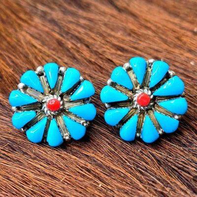 #1260 • Native American Sterling Silver Turquoise Flower Earrings, 5.48g
